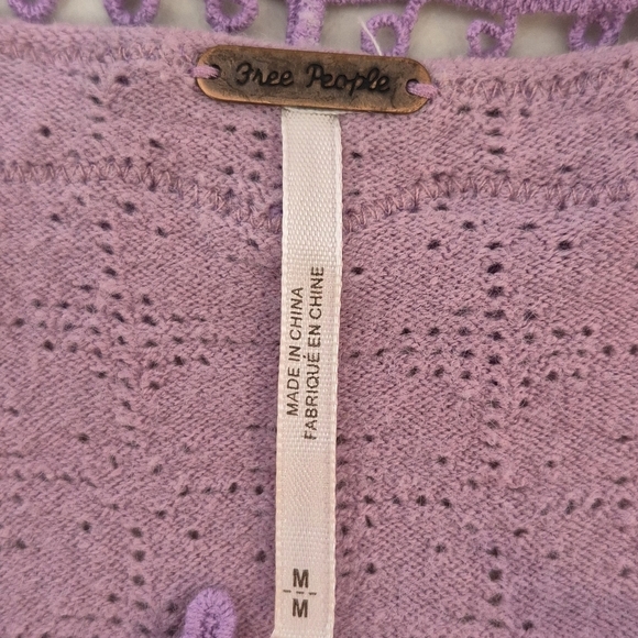 Free People Lavender Love Lace Crochet Peasant Sweater Top Shirred Waist- Size M - Picture 13 of 14